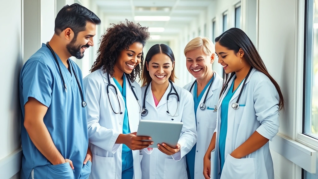Diverse medical team collaborating in bright hospital corridor, smiling nurses and doctors reviewing digital schedule on tablet together, natural daylight, inclusive workplace atmosphere