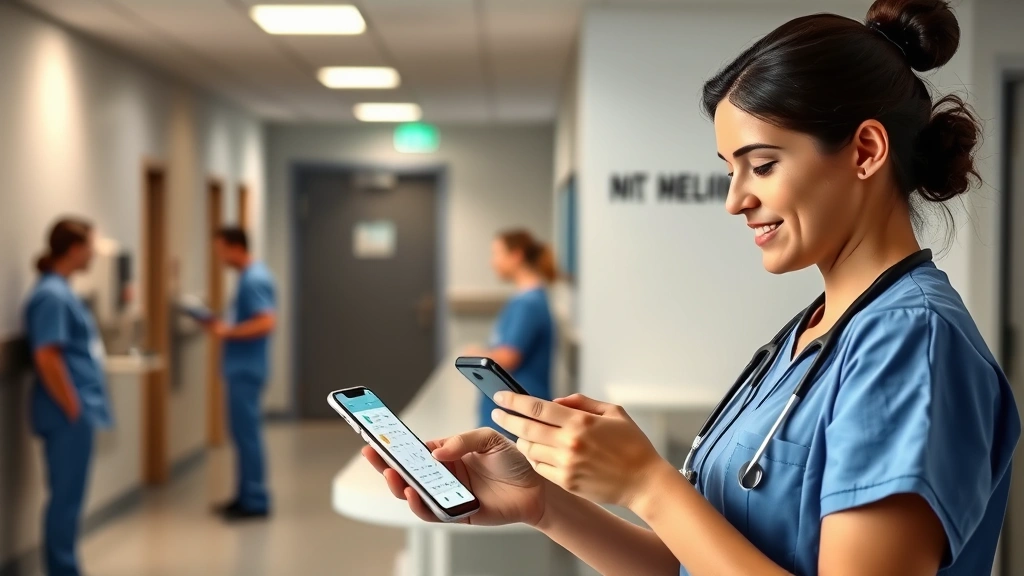 Hospital manager checking mobile phone at nurse station, modern healthcare environment, satisfied expression, showing real-time scheduling app interface in background, professional setting