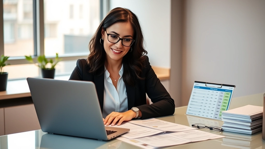 Professional woman reviewing healthcare finances at modern desk with laptop, tablet showing HSA account details, organized financial documents, warm office lighting, confident expression, contemporary workspace setup