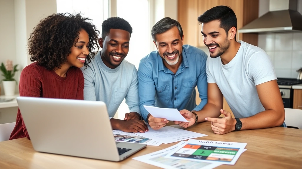 Diverse family discussing health insurance options around kitchen table with laptop and documents, bright natural lighting, comfortable home setting, smiling faces, health savings brochures visible