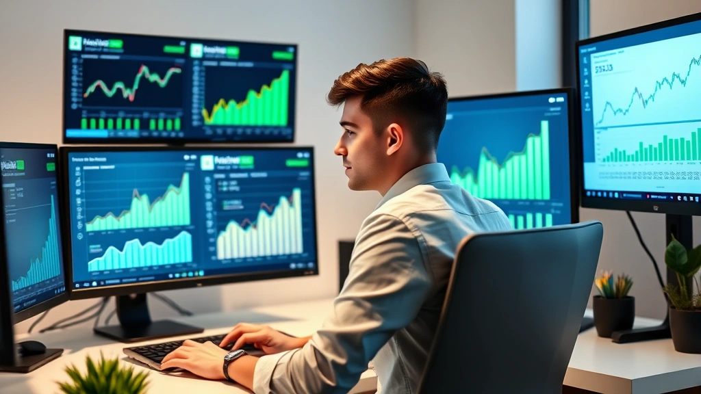 Young professional at computer managing investment portfolio on HSA account, multiple monitors displaying financial charts and growth graphs, modern minimalist office, focused concentration, green growth indicators visible