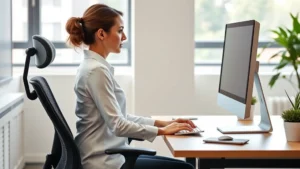 Professional woman at ergonomically correct desk with proper monitor placement, keyboard positioning, and lumbar support chair in modern office setting with natural lighting