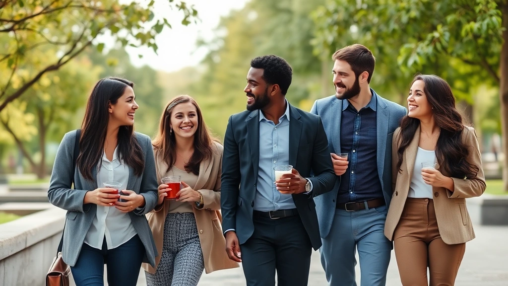 Group of diverse professionals walking together outdoors during lunch break, smiling and engaged in conversation, with trees and natural scenery visible