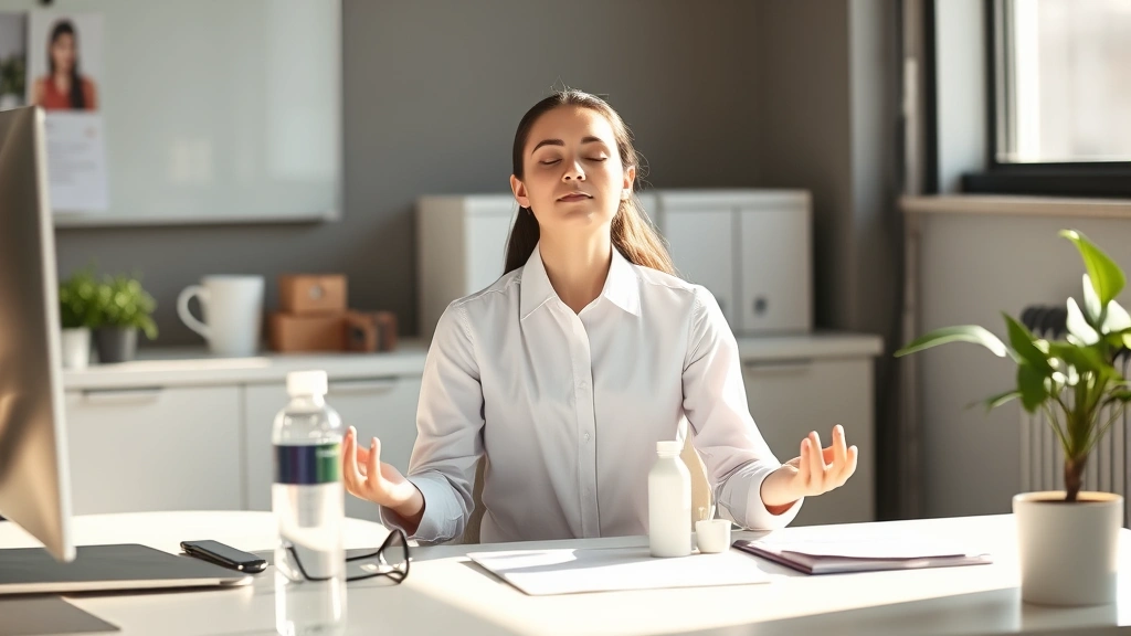 Calm professional meditating at desk with closed eyes, peaceful expression, water bottle nearby, wellness plant on desk, morning sunlight streaming through office window