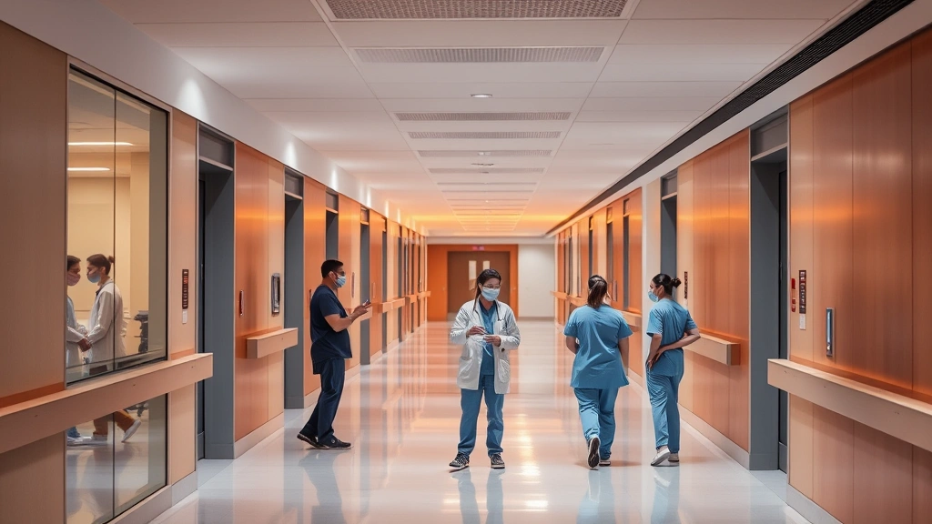 Modern hospital corridor with warm lighting, medical staff in scrubs collaborating, contemporary healthcare facility architecture, professional wellness environment
