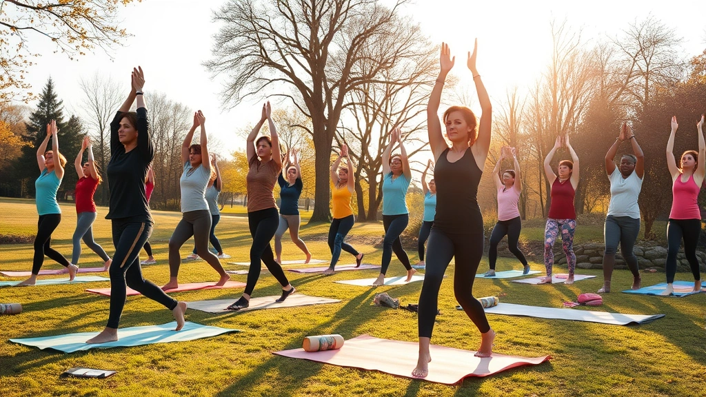 Diverse group of people exercising outdoors in morning sunlight, yoga mats and water bottles visible, community wellness class in park setting, healthy lifestyle in action