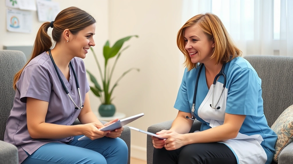 Nurse or health professional consulting with patient in comfortable clinical setting, medical charts visible, compassionate healthcare interaction, patient education moment