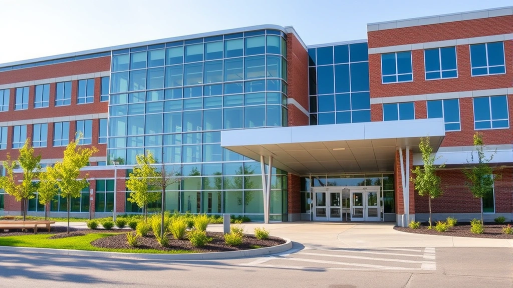Modern hospital building exterior with glass and brick architecture, welcoming main entrance with landscaping, Kentucky setting, daytime, professional healthcare facility aesthetic, bright natural lighting