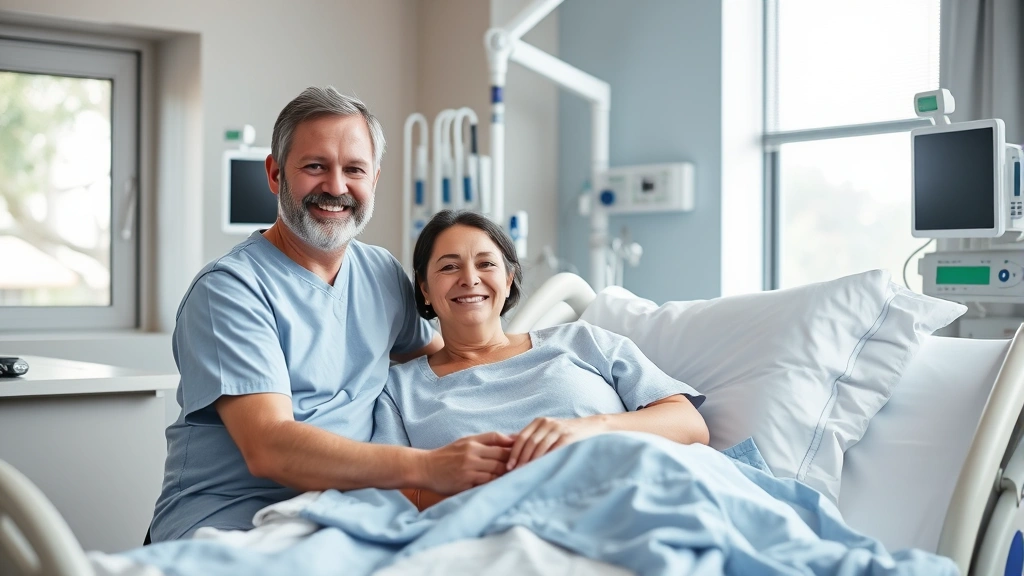 Patient in comfortable hospital room smiling with family member, modern medical equipment visible, natural lighting from window, peaceful recovery space, healthcare comfort emphasized
