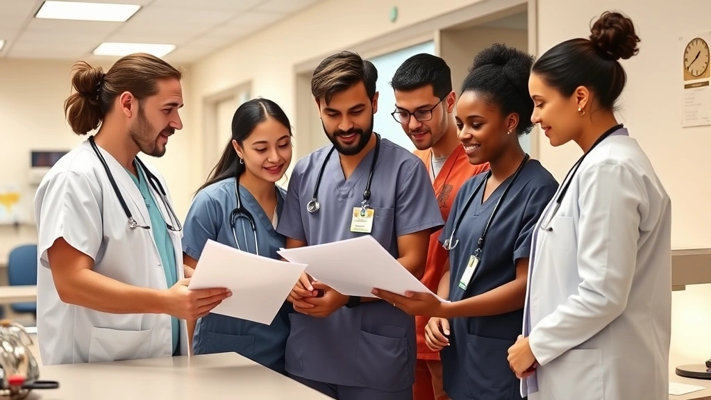 Diverse medical team in scrubs reviewing patient charts at nursing station, collaborative healthcare environment, modern hospital interior, professional setting, warm lighting, focused and caring expressions