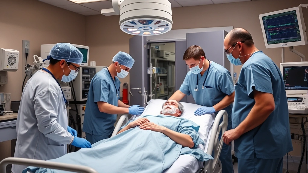 Emergency department trauma team in action, medical professionals collaborating around patient bed, advanced monitoring equipment, focused clinical excellence, urgent care moment captured