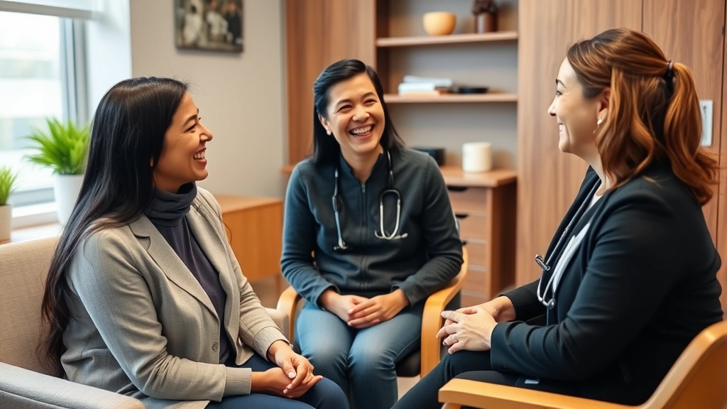 Patient and family member smiling during consultation with female physician in office, comfortable clinical setting, trust and care evident, modern medical furniture, warm tones, hopeful healthcare moment