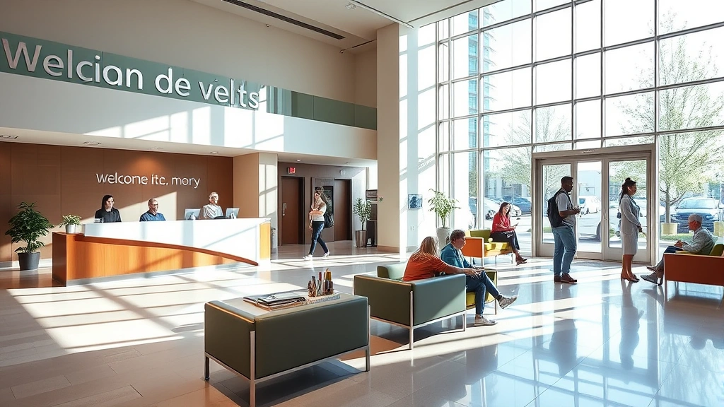 Modern hospital lobby with welcoming reception desk, natural light streaming through large windows, comfortable seating areas, diverse patients and families in professional healthcare environment