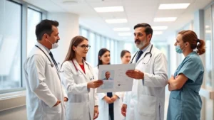 Professional medical team in modern hospital setting with physicians and nurses collaborating around patient chart in bright, clean clinical environment