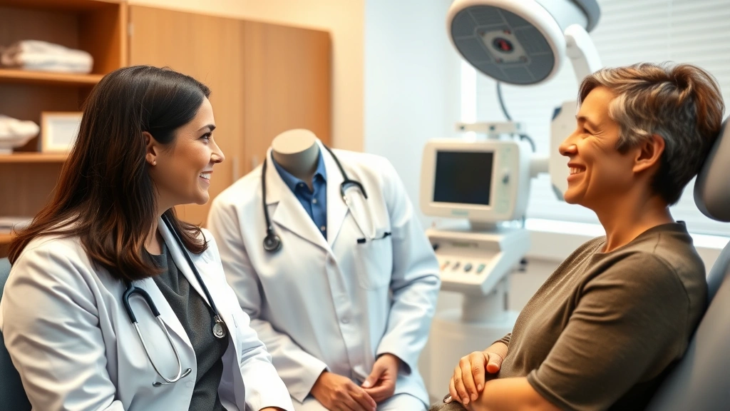 Compassionate healthcare provider in white coat consulting with patient in comfortable clinical examination room, warm lighting, modern medical equipment visible, patient smiling and engaged