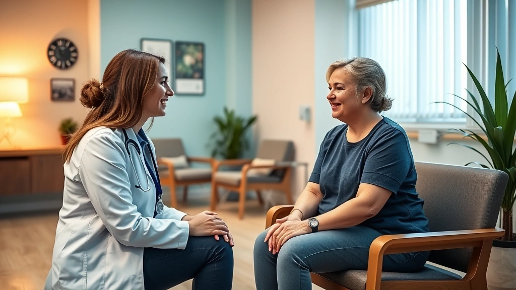 Patient receiving compassionate care during consultation with female doctor in welcoming clinic room with warm lighting and comfortable seating