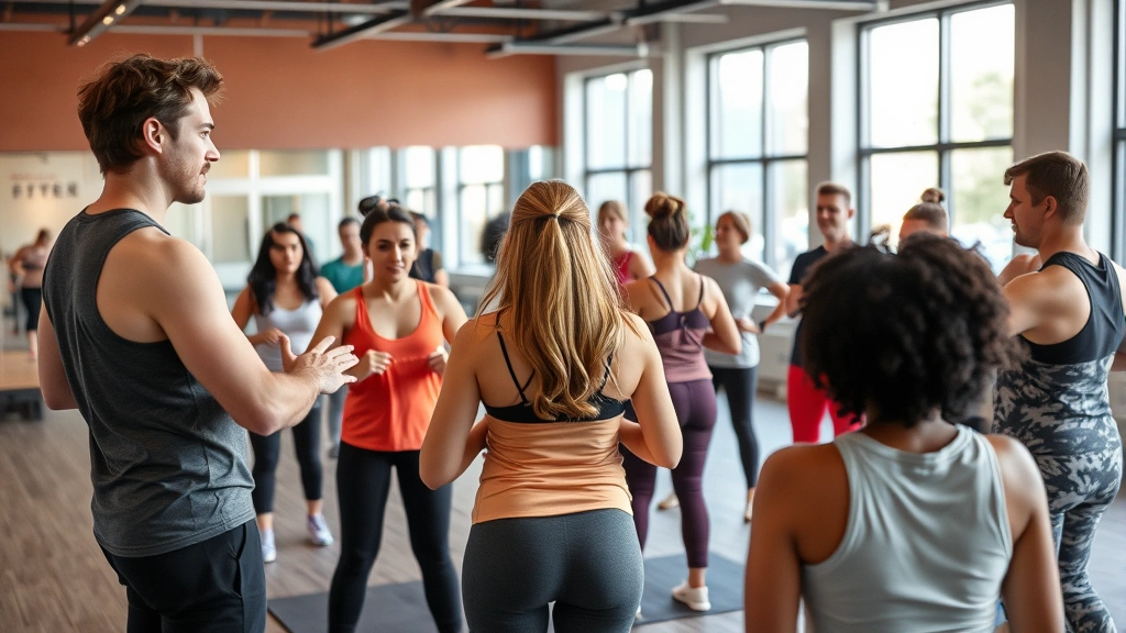 Community wellness class with diverse group of people participating in guided exercise or health education session in modern fitness facility