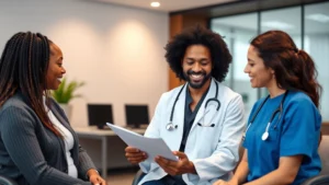 Professional healthcare consultation in modern clinic setting, diverse doctor and patient discussing health records, warm lighting, compassionate interaction, contemporary medical office environment