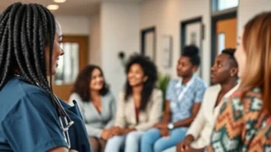 Young professional healthcare worker in scrubs smiling while interacting with diverse patients in a modern, welcoming mental health clinic setting with natural lighting