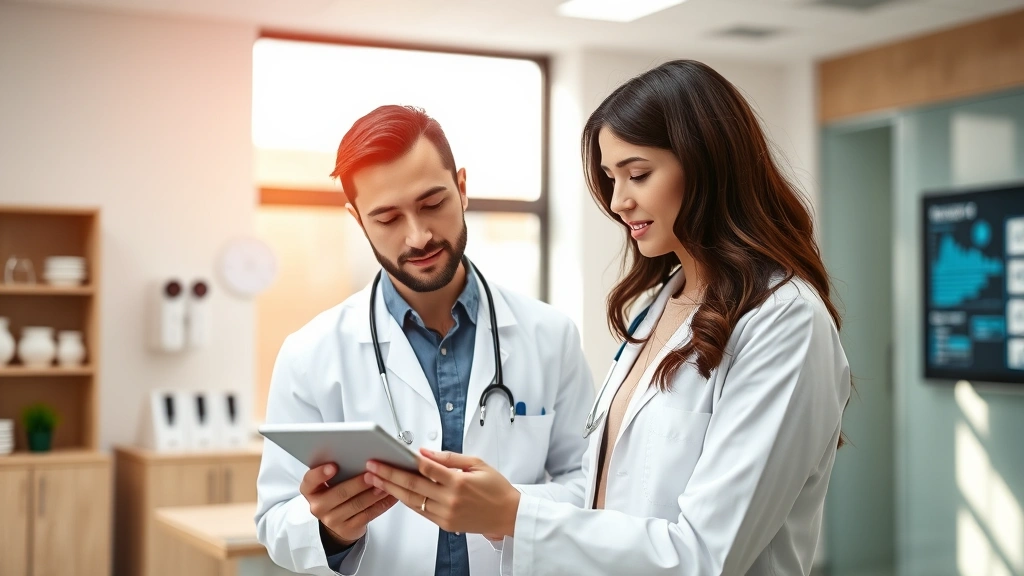 Modern healthcare professional in white coat reviewing patient data on tablet computer in bright clinical office setting, warm natural lighting, professional atmosphere