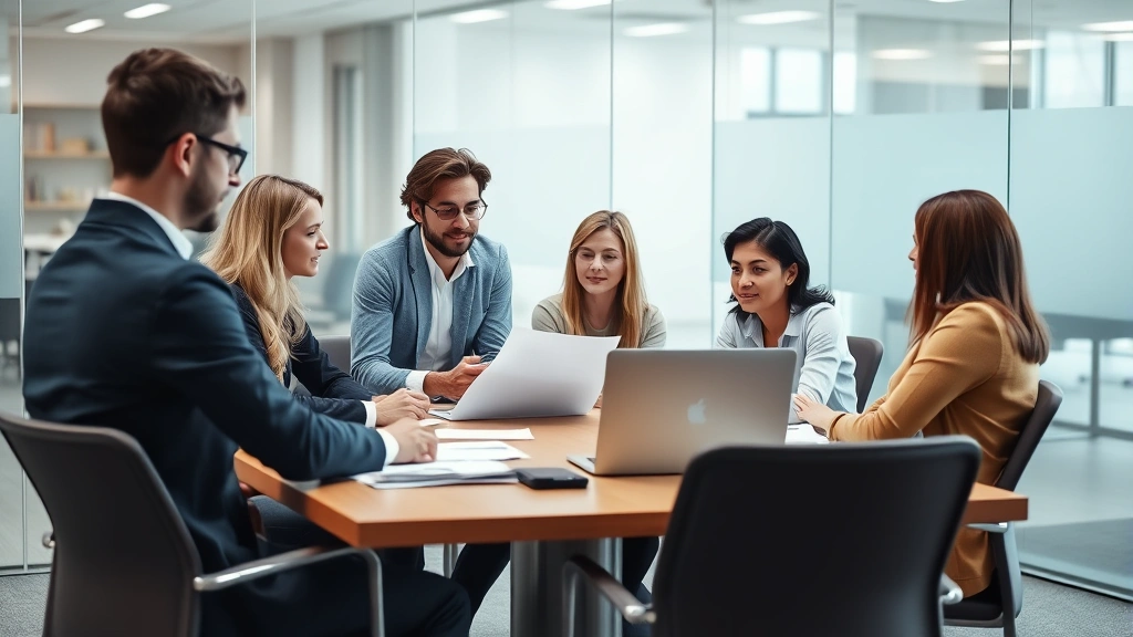 Diverse team of mental health professionals collaborating around conference table with laptop and documents, engaged discussion, contemporary office environment with glass walls