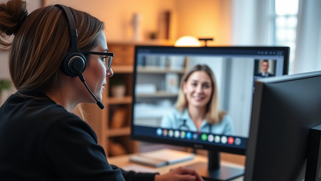 Clinician wearing headset during telehealth session with patient visible on monitor, home office background, warm lighting, compassionate therapeutic setting
