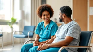 Young diverse healthcare professional in scrubs sitting with patient in modern psychiatric facility, engaged listening posture, warm therapeutic environment with natural light, professional and compassionate interaction
