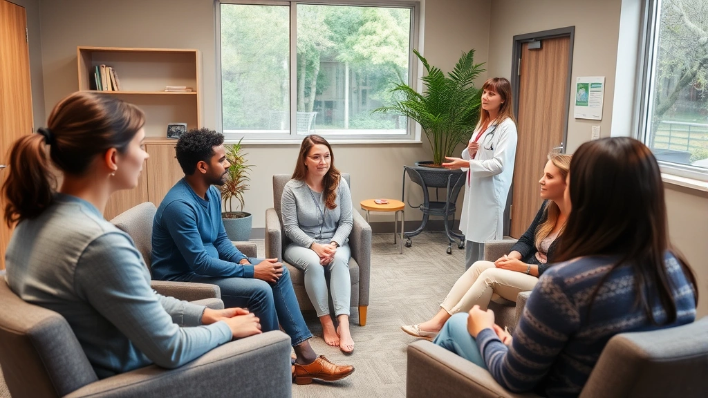 Behavioral health technician facilitating group therapy session in comfortable clinical setting, diverse patients engaged in discussion, supportive atmosphere with comfortable seating, natural lighting through windows