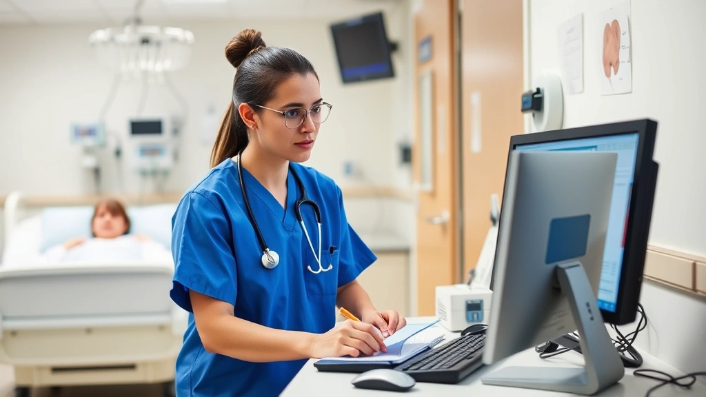 Professional behavioral health technician documenting patient notes at computer workstation in hospital psychiatric unit, focused clinical environment, modern medical technology visible, organized healthcare setting