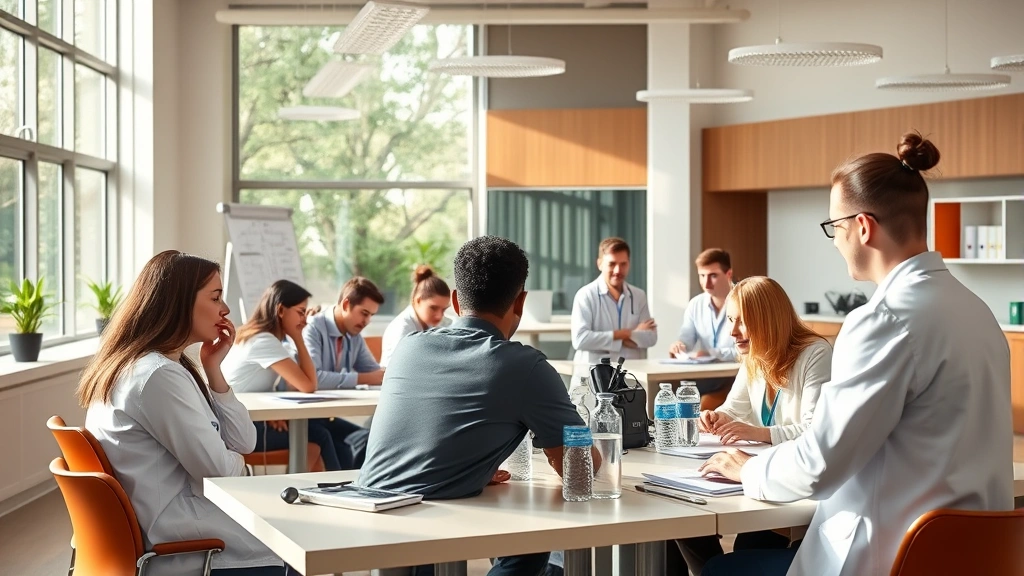 Modern health sciences classroom with diverse students collaborating at tables, natural lighting, contemporary medical education environment, warm professional atmosphere
