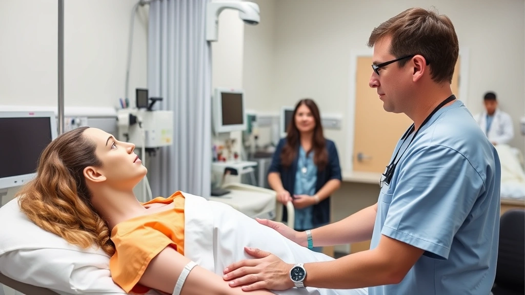 Clinical simulation lab with high-fidelity mannequin, student practicing patient assessment under faculty supervision, realistic hospital setting, focused learning moment