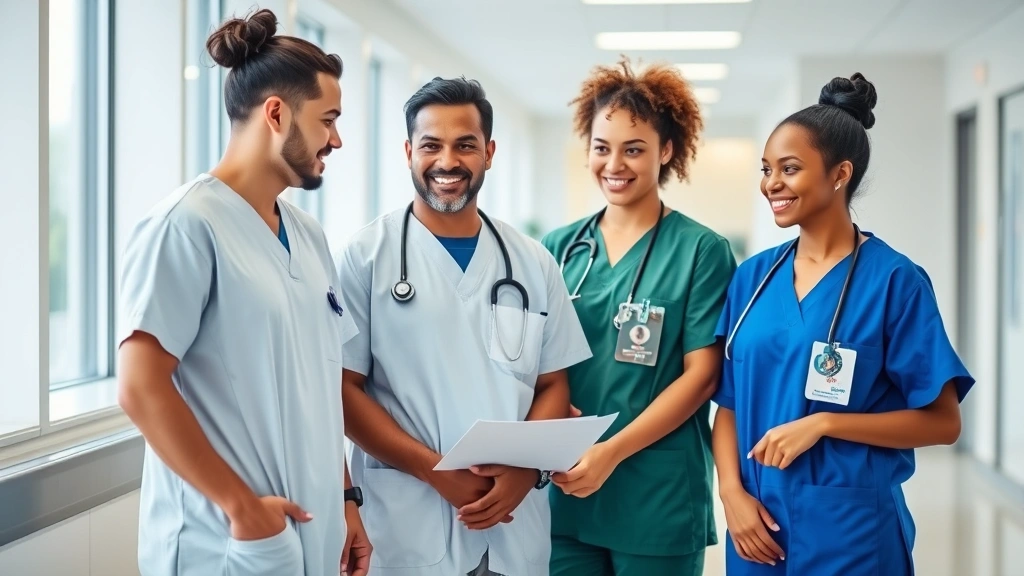 Diverse healthcare students in clinical rotation wearing scrubs, working together in modern hospital environment, genuine teamwork and mentorship interaction