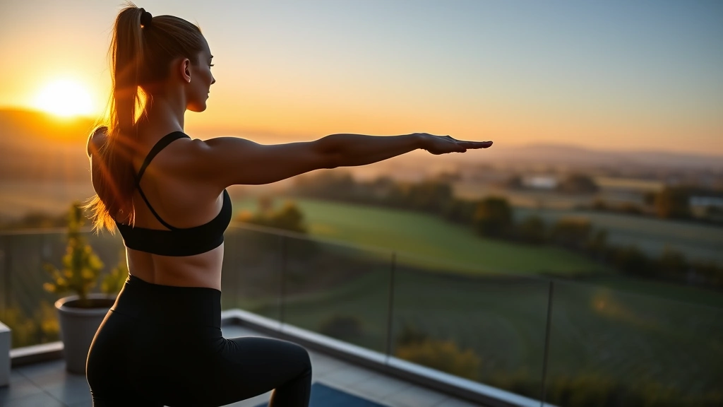 Early morning sunrise over Belgian countryside with professional woman in athletic wear performing yoga stretches on terrace overlooking peaceful landscape, dawn light golden and warm, serene wellness atmosphere