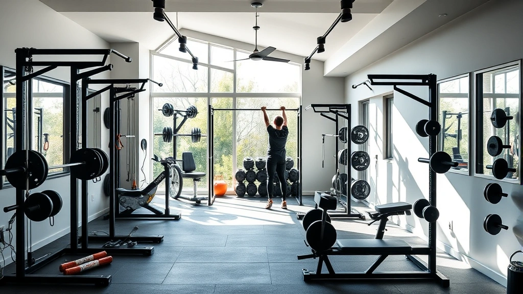 Modern well-equipped home gym with free weights, pull-up bar, and exercise equipment, natural light streaming through large windows, minimalist design reflecting discipline and functionality