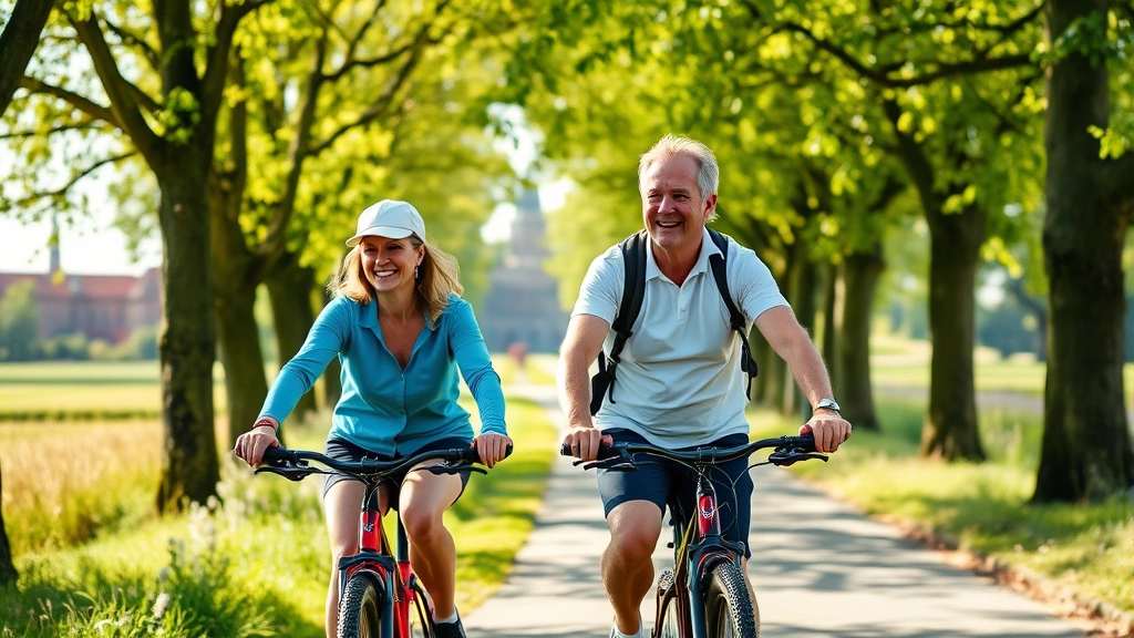 Active middle-aged couple cycling through a tree-lined Belgian countryside path on a sunny afternoon, wearing casual athletic clothing and smiling, with historic architecture visible in the background