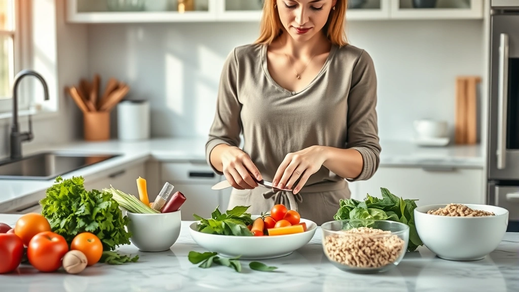 Professional woman preparing healthy meal with fresh vegetables, lean protein, and whole grains on marble countertop, morning kitchen light, demonstrating mindful nutrition preparation