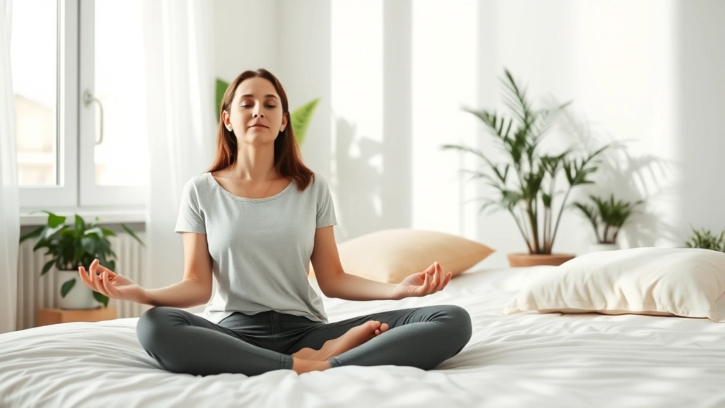 Peaceful woman meditating in a bright, minimalist bedroom with soft natural light, comfortable bedding, plants, and a calm expression reflecting mental wellness and healthy sleep habits