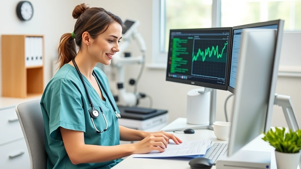 Psychiatric nurse in scrubs reviewing patient charts at digital workstation in bright clinical office, professional environment, medical equipment visible, compassionate expression