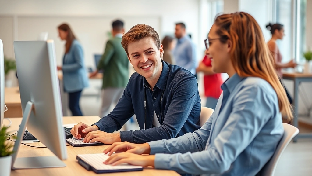 Young professional in behavioral health career at desk with computer, mentoring younger colleague, collaborative workspace, diverse team members in background, modern healthcare setting
