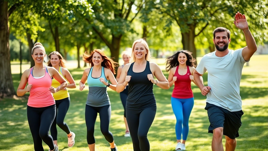 Diverse group of people exercising outdoors in a sunny park setting with trees and grass, smiling and energetic, wearing fitness attire