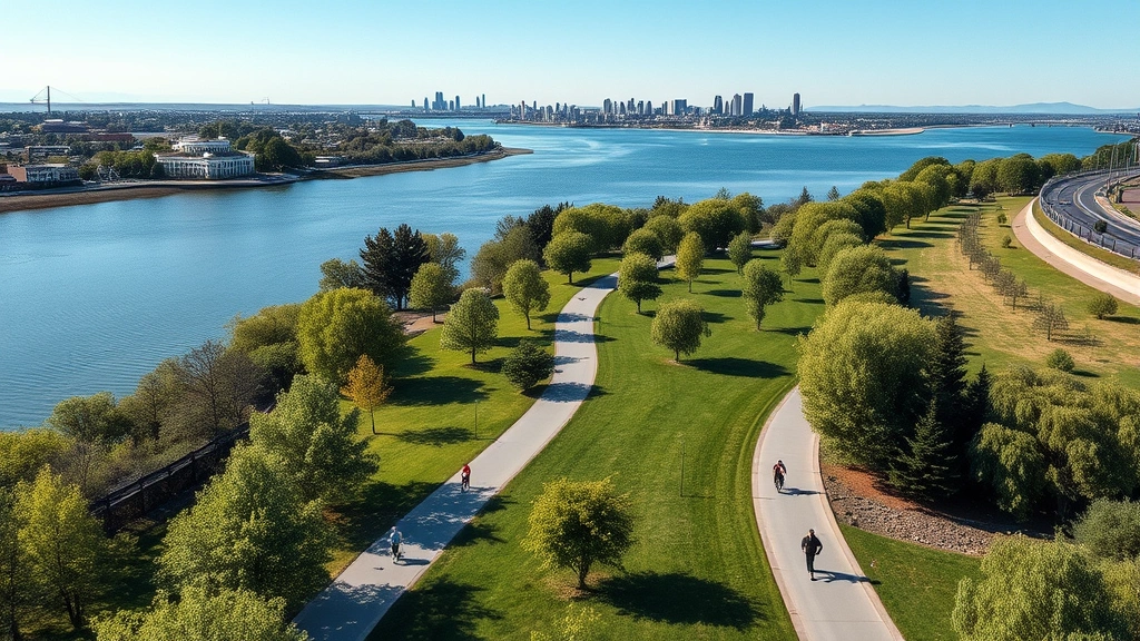 Aerial view of Columbia River with walking trail winding through lush green riverfront park in Richland, families jogging and cyclists enjoying sunny day, modern city skyline in background