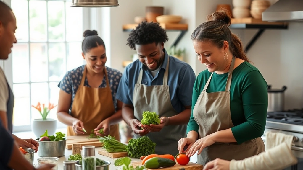 Community members participating in a nutrition workshop, preparing fresh vegetables together in a bright, welcoming kitchen space