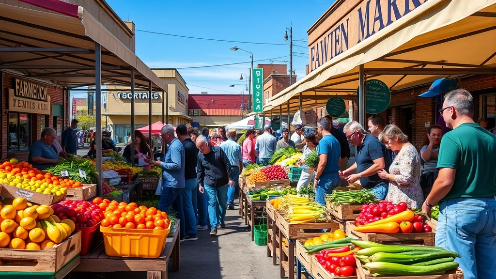 Vibrant farmers market scene in downtown Kennewick with fresh produce vendor stalls, community members selecting colorful vegetables and fruits, blue sky and outdoor energy visible