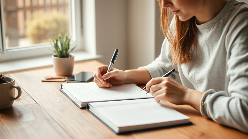 Person journaling at wooden desk with warm beverage, notebook open, pen in hand, calm focused expression, morning sunlight streaming through window, minimalist workspace with plants