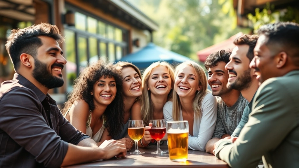 Group of diverse friends laughing together at outdoor cafe, warm natural lighting, genuine joyful expressions, casual comfortable clothing, relaxed social gathering atmosphere