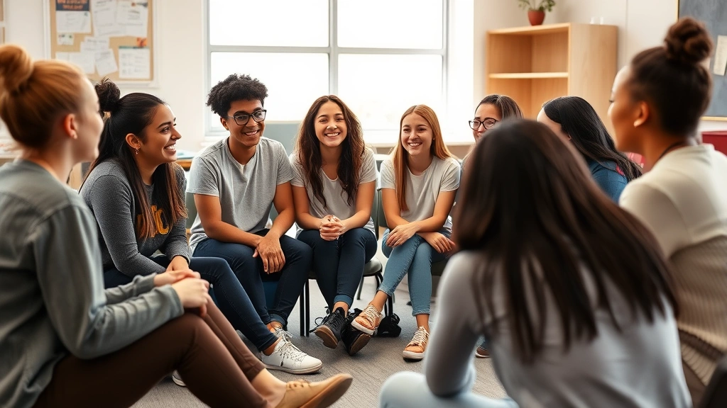 Diverse group of high school students sitting in a circle during an interactive health education class, smiling and engaged in discussion, natural classroom lighting, warm and inclusive atmosphere