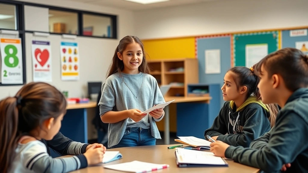 Young student peer educator leading a wellness workshop for classmates, both students taking notes and listening attentively, modern school setting with health posters visible on walls