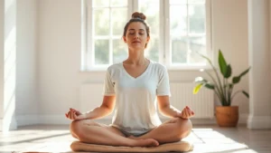 Woman meditating peacefully in bright morning sunlight streaming through large windows, sitting on cushion with serene expression, minimalist room with plants, natural lighting emphasizing calm