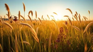 Panoramic prairie landscape with tall big bluestem grasses swaying in golden sunlight, native wildflowers interspersed, natural wellness aesthetic, warm afternoon light