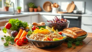 Healthy meal spread with colorful vegetables, whole grains, lean protein on wooden table, natural sunlight, fresh ingredients, vibrant colors, modern kitchen background, nutritious food photography